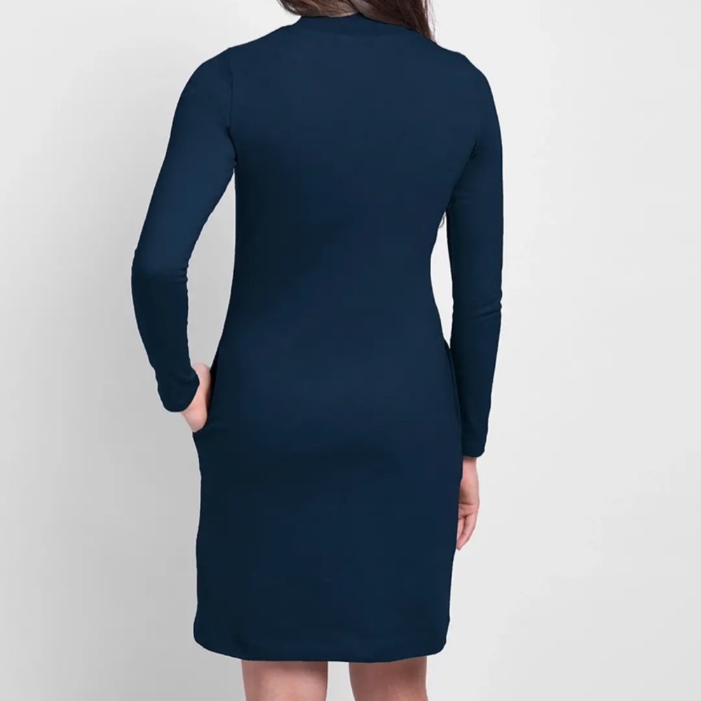 Women's Plain High Neck Pocket Dress Navy Blue - Picture 3 of 7